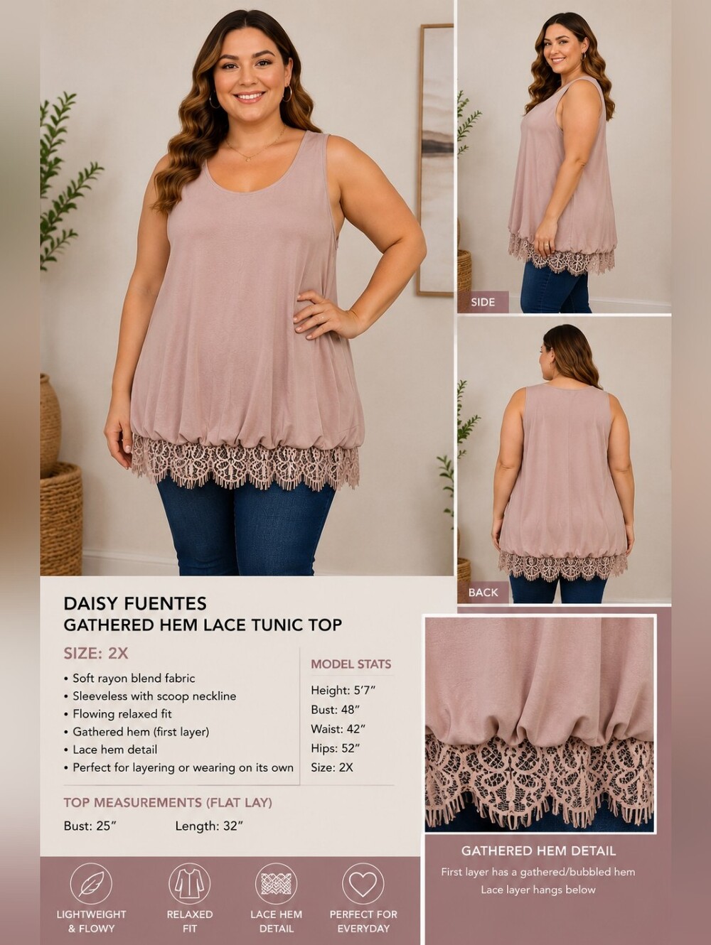 Daisy Fuentes Blush Pink Lace Hem Tunic Tank Top Plus Size 2X Boho Feminine